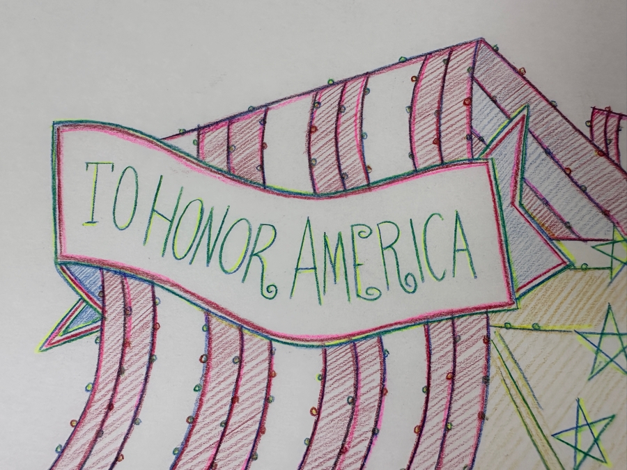 Original Disneyland Disney Parks Hand-Drawn Patriotic Illustration Of Drum With An American Flag Draped Over It 'To Honor America' Artist Signed Glows In Dark With Black Light 11 X 8.5 [Photo 6]