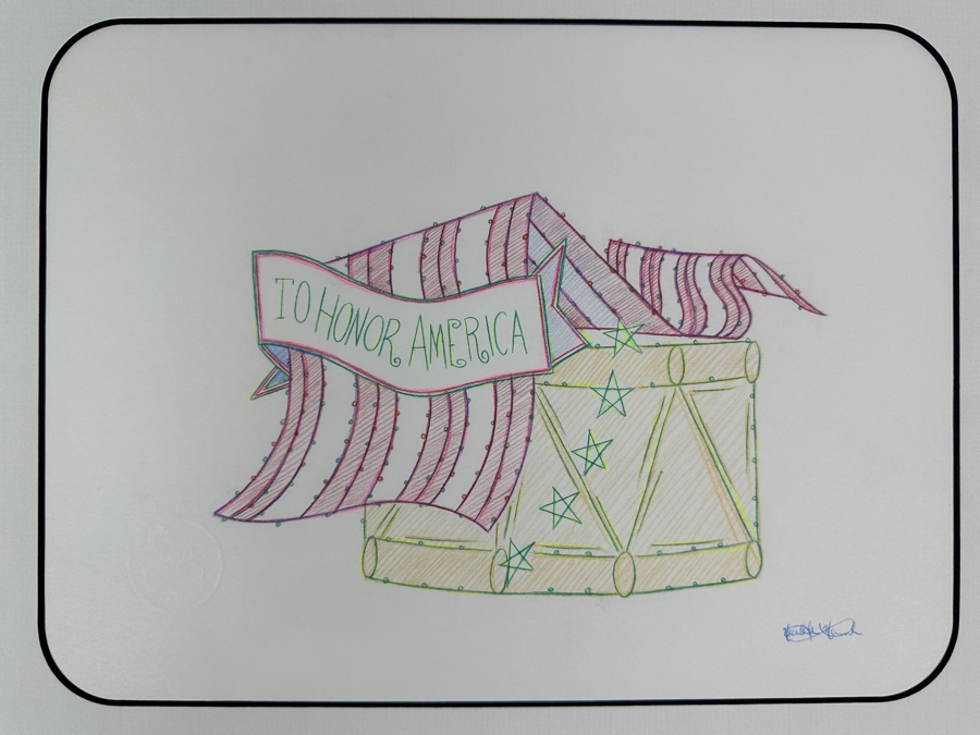 Original Disneyland Disney Parks Hand-Drawn Patriotic Illustration Of Drum With An American Flag Draped Over It 'To Honor America' Artist Signed Glows In Dark With Black Light 11 X 8.5