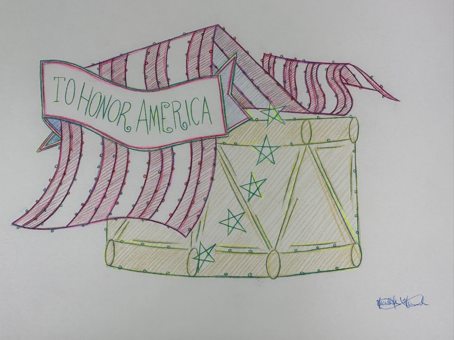 Original Disneyland Disney Parks Hand-Drawn Patriotic Illustration Of Drum With An American Flag Draped Over It 'To Honor America' Artist Signed Glows In Dark With Black Light 11 X 8.5 [Photo 3]