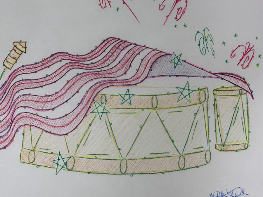 Original Disneyland Disney Parks Hand-Drawn Patriotic Illustration Of Drum With An American Flag Draped Over It Artist Signed Glows In Dark With Black Light 11 X 8.5 [Photo 5]