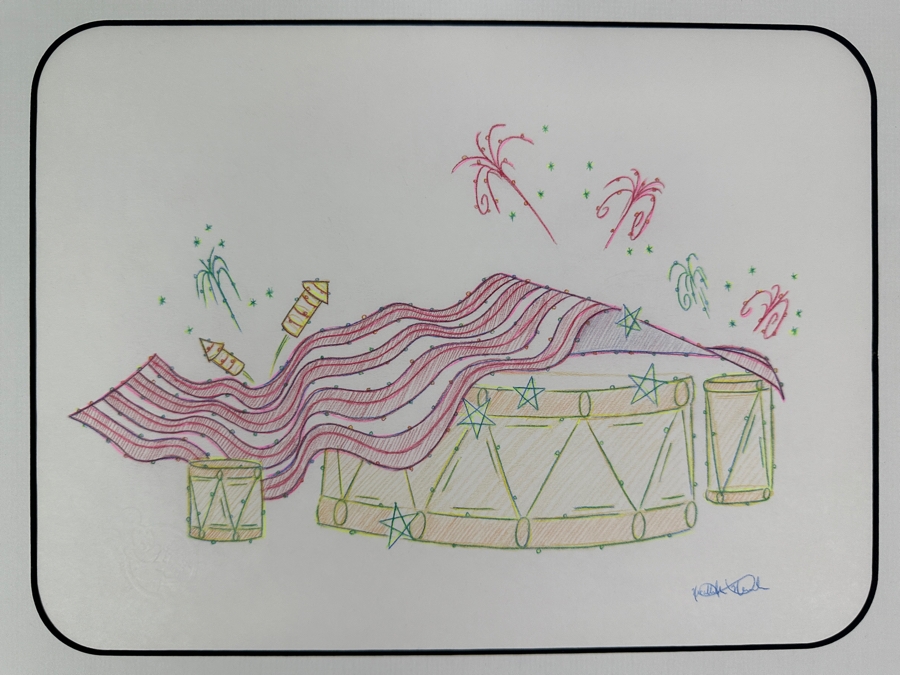 Original Disneyland Disney Parks Hand-Drawn Patriotic Illustration Of Drum With An American Flag Draped Over It Artist Signed Glows In Dark With Black Light 11 X 8.5