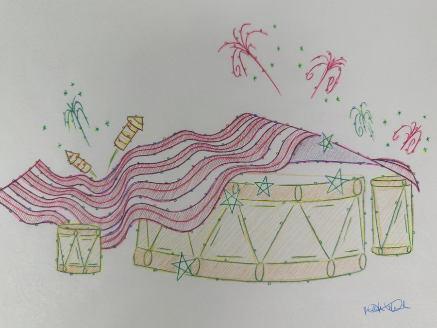 Original Disneyland Disney Parks Hand-Drawn Patriotic Illustration Of Drum With An American Flag Draped Over It Artist Signed Glows In Dark With Black Light 11 X 8.5 [Photo 3]