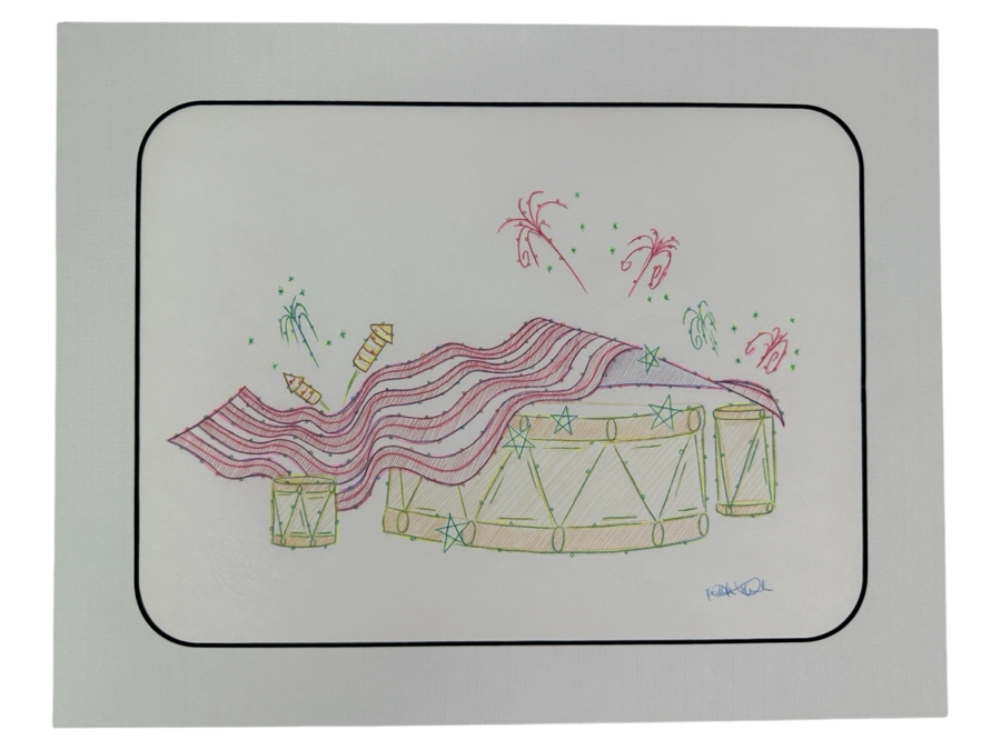 Original Disneyland Disney Parks Hand-Drawn Patriotic Illustration Of Drum With An American Flag Draped Over It Artist Signed Glows In Dark With Black Light 11 X 8.5 [Photo 2]