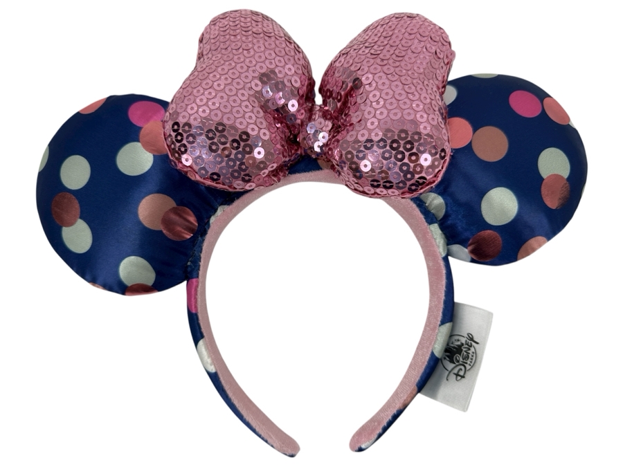 Disney Parks Minnie Mouse Rock the Dots Navy Polka Dot and Pink Sequin Bow Ears Headband