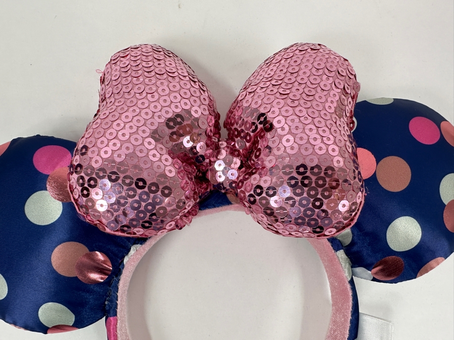 Disney Parks Minnie Mouse Rock the Dots Navy Polka Dot and Pink Sequin Bow Ears Headband [Photo 2]