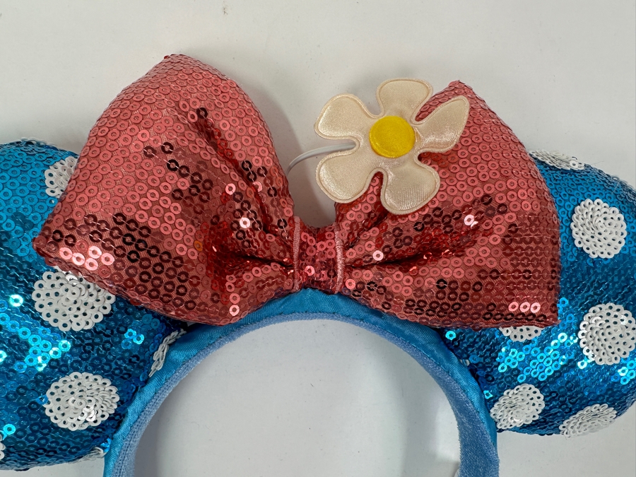 Disney Parks Minnie Mouse Teal Polka Dot and Sequin Bow Ears Headband [Photo 2]