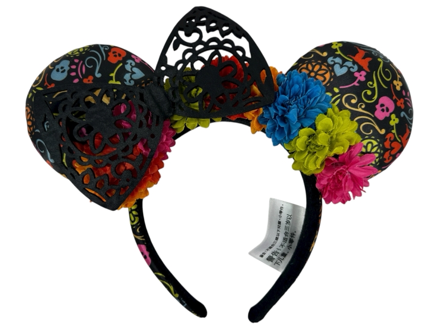 Disney Parks Minnie Mouse Floral Black Coco Dia de Los Muertos Lace Ears Headband