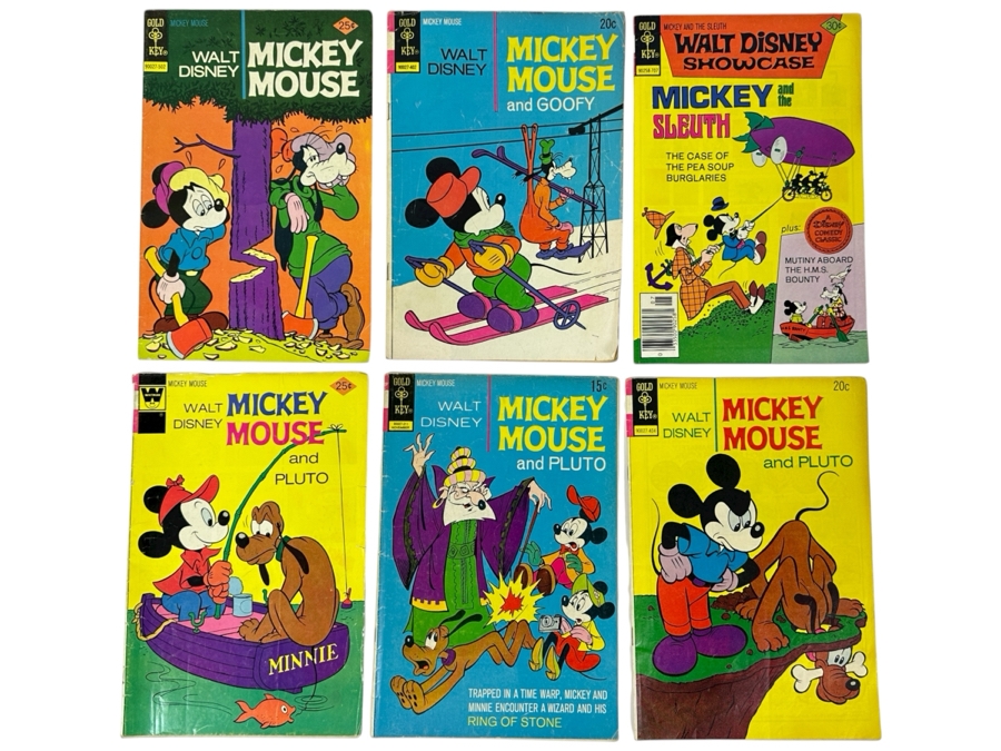 (6) Vintage Gold Key Comics Walt Disney: Mickey Mouse, Mickey Mouse And Goofy, Walt Disney Showcase Mickey And The Sleuth And Mickey Mouse And Pluto Comic Books