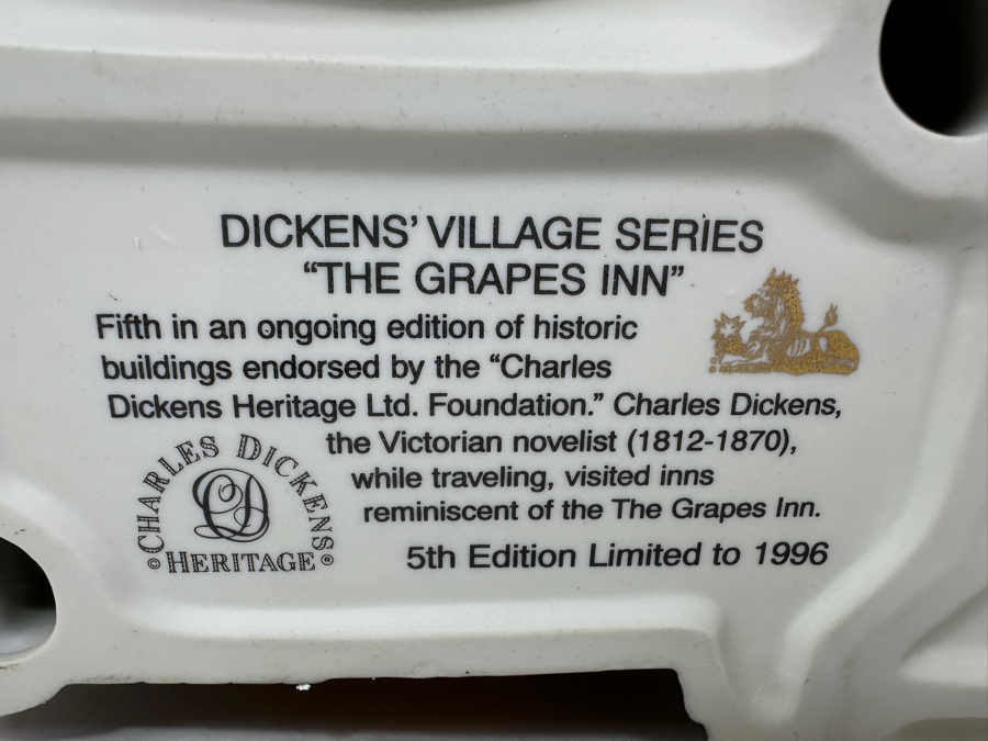Limited Edition (Limited To 1996) Department 56 Heritage Village Collection Dickens' Village Series 'The Grapes Inn' 5th Edition, 1996 With Original Box [Photo 2]
