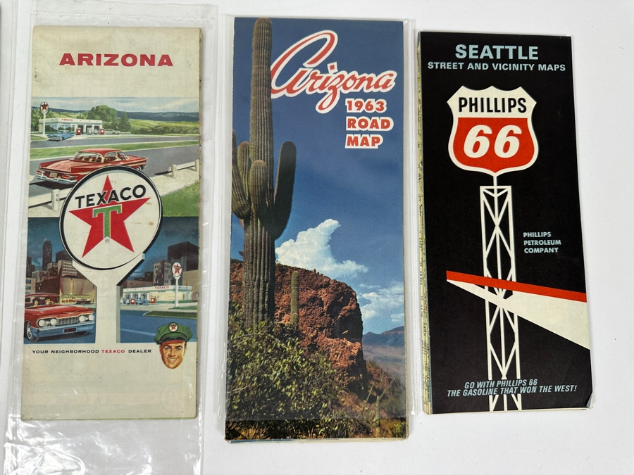 (4) Vintage Paper Roadmaps: Yellowstone National Park Road Map, Texaco Arizona Road Map, 1963 Arizona Road Map & Phillips 66 Seattle Road Map [Photo 6]
