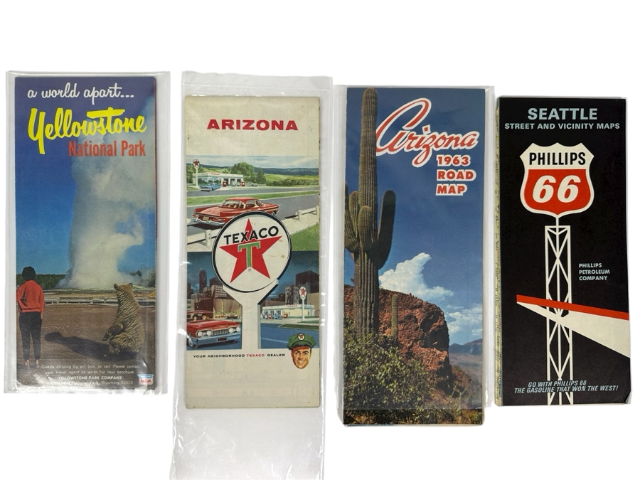 (4) Vintage Paper Roadmaps: Yellowstone National Park Road Map, Texaco Arizona Road Map, 1963 Arizona Road Map & Phillips 66 Seattle Road Map