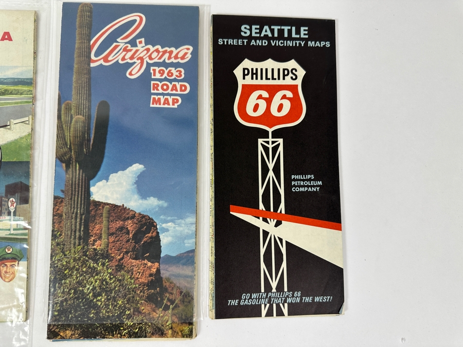 (4) Vintage Paper Roadmaps: Yellowstone National Park Road Map, Texaco Arizona Road Map, 1963 Arizona Road Map & Phillips 66 Seattle Road Map [Photo 7]