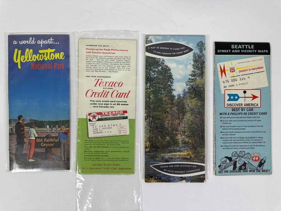 (4) Vintage Paper Roadmaps: Yellowstone National Park Road Map, Texaco Arizona Road Map, 1963 Arizona Road Map & Phillips 66 Seattle Road Map [Photo 8]