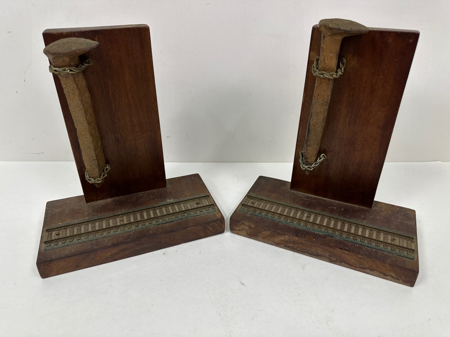 Pair Of Handmade Railroad Spike With HO Scale Train Tracks Bookends 8W X 7D X 9H [Photo 2]