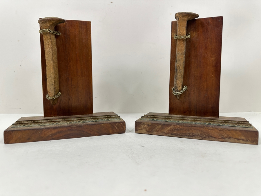 Pair Of Handmade Railroad Spike With HO Scale Train Tracks Bookends 8W X 7D X 9H [Photo 6]