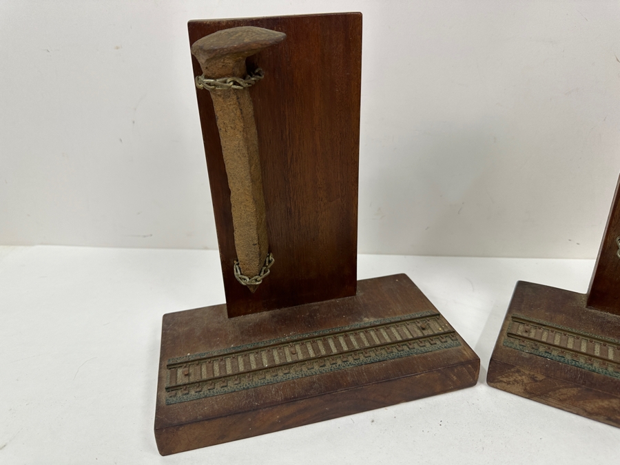 Pair Of Handmade Railroad Spike With HO Scale Train Tracks Bookends 8W X 7D X 9H [Photo 4]