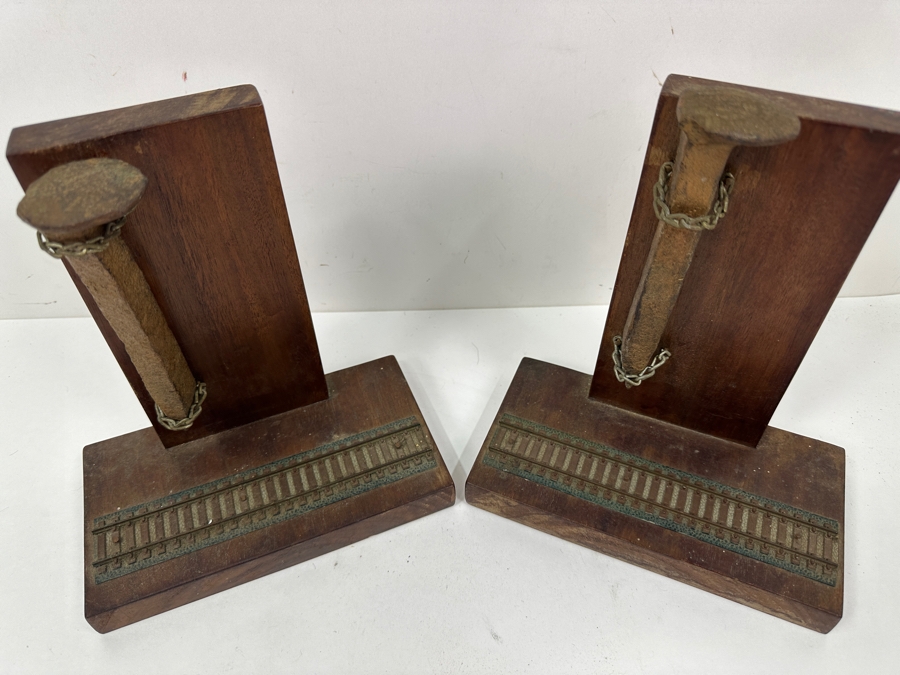 Pair Of Handmade Railroad Spike With HO Scale Train Tracks Bookends 8W X 7D X 9H [Photo 3]