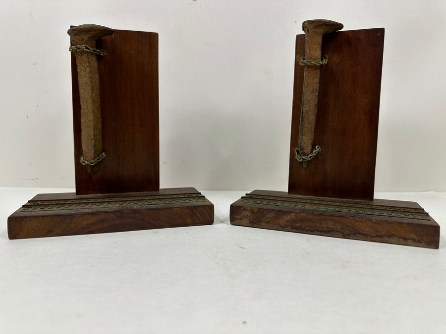 Pair Of Handmade Railroad Spike With HO Scale Train Tracks Bookends 8W X 7D X 9H [Photo 5]