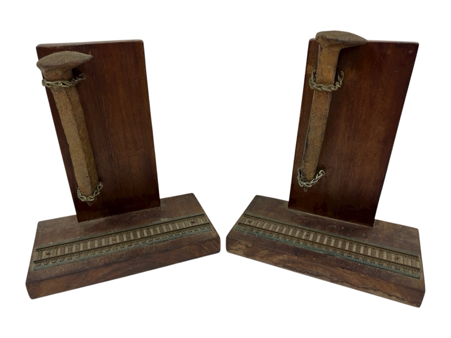 Pair Of Handmade Railroad Spike With HO Scale Train Tracks Bookends 8W X 7D X 9H [Photo 1]