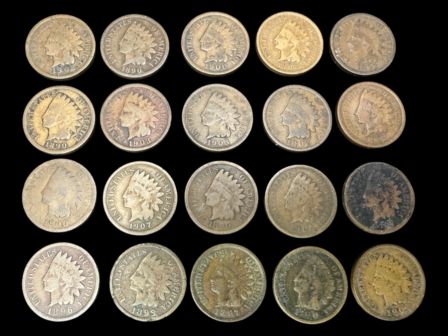 Collection Of (20) Antique Indian Head Cent Pennies From Various Years