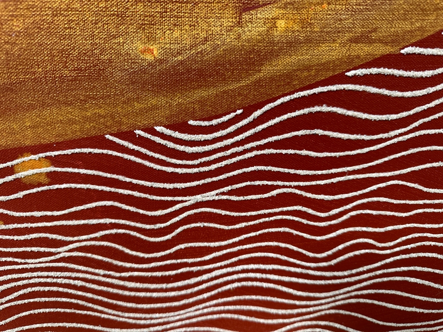 Gerrit Greve (1948-2024, Cardiff by the Sea, CA) Original Acrylic Mixed-Media Sand Painting On Canvas Titled 'Voyage 1 (By Sail)' And Signed Lower Right And Verso Dated 2008 72' X 48' Estimate $3,500 - $4,300 [Photo 7]