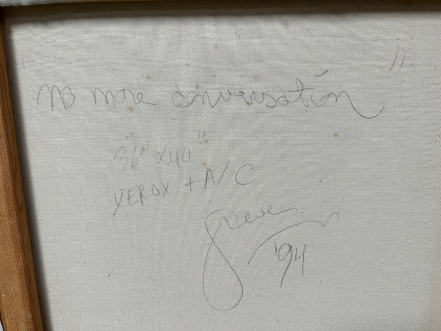 Gerrit Greve (1948-2024, Cardiff by the Sea, CA) Original Acrylic Painting On Canvas Titled 'No More Conversation' With Custom Matching Frame Signed Verso Dated 1994 40' X 36' Framed 46.5 X 42.5 Estimate $2,000 - $2,300 [Photo 11]
