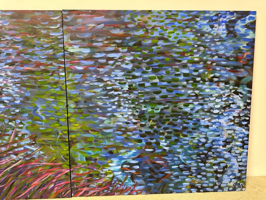 Gerrit Greve (1948-2024, Cardiff by the Sea, CA) Original Acrylic Diptych Painting On Canvas Titled 'Lagoon Edge' Signed Lower Left And Lower Right 72' X 36' Estimate $2,600 - $3,200 [Photo 3]