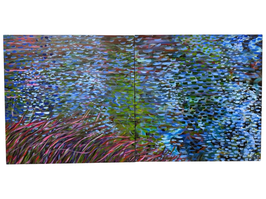 Gerrit Greve (1948-2024, Cardiff by the Sea, CA) Original Acrylic Diptych Painting On Canvas Titled 'Lagoon Edge' Signed Lower Left And Lower Right 72' X 36' Estimate $2,600 - $3,200
