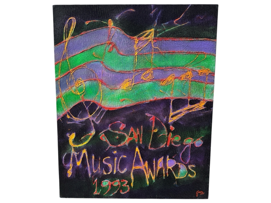 Gerrit Greve (1948-2024, Cardiff by the Sea, CA) Original Acrylic Mixed Media Sand Painting On Canvas '1993 San Diego Music Awards' Signed Verso 24' x 30' Estimate $700 - $900
