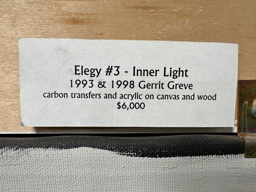 Gerrit Greve (1948-2024, Cardiff by the Sea, CA) Original Acrylic Painting On Canvas Titled “Elegy #3: Inner Light” Matching Frame with Carbon Transfers Signed Verso Dated 1993/1998 40” X 48” Framed: 46.5” x 54.5” Estimate $1,900 - $2,400 Retails $6,000 [Photo 15]