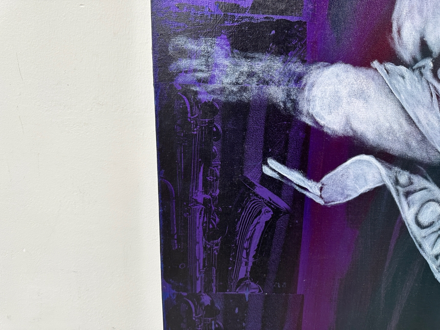 Gerrit Greve (1948-2024, Cardiff by the Sea, CA) Original Acrylic Painting with Carbon Transfers On Canvas Titled “Gloria!” Signed Verso Dated 1994 72” x 40” Estimate $2,900 - $3,600 [Photo 8]