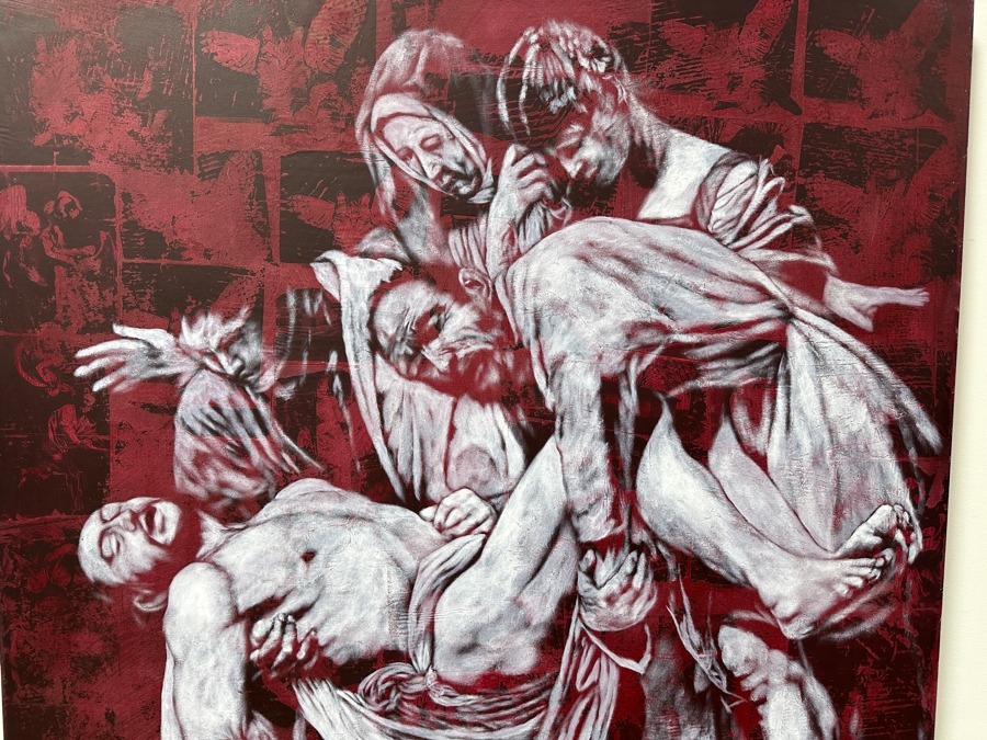 Gerrit Greve (1948-2024, Cardiff by the Sea, CA) Original Acrylic Painting with Carbon Transfers On Canvas Untitled Signed Bottom Left 48” x 40” Estimate $2,900 - $3,600 [Photo 3]