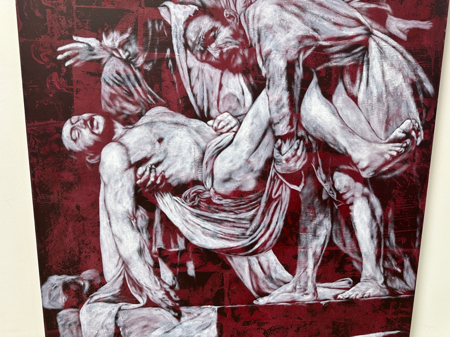 Gerrit Greve (1948-2024, Cardiff by the Sea, CA) Original Acrylic Painting with Carbon Transfers On Canvas Untitled Signed Bottom Left 48” x 40” Estimate $2,900 - $3,600 [Photo 2]