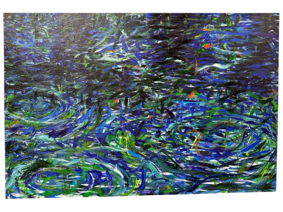 Gerrit Greve (1948-2024, Cardiff by the Sea, CA) Original Acrylic Painting On Canvas Titled “By the Bridge” Signed Bottom Right and Verso 72” X 48” Estimate $3,500 - $4,300