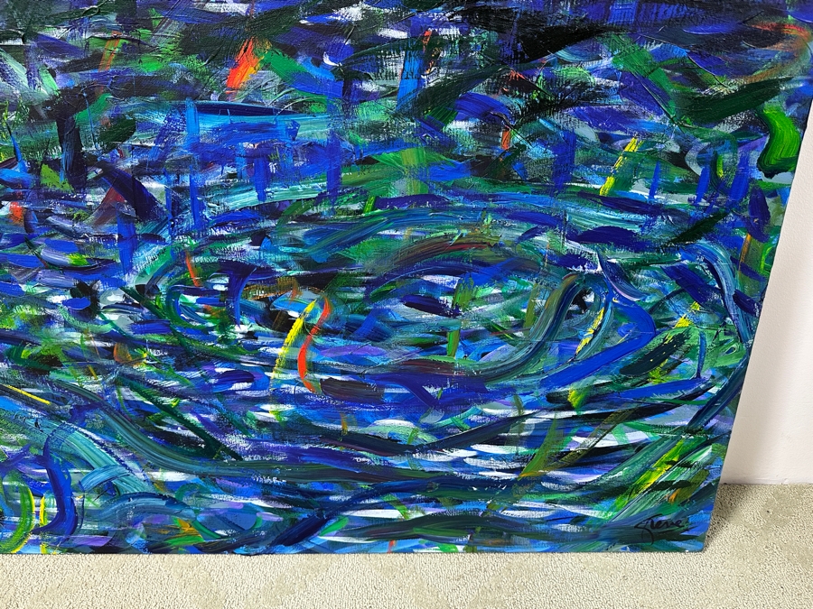 Gerrit Greve (1948-2024, Cardiff by the Sea, CA) Original Acrylic Painting On Canvas Titled “By the Bridge” Signed Bottom Right and Verso 72” X 48” Estimate $3,500 - $4,300 [Photo 3]