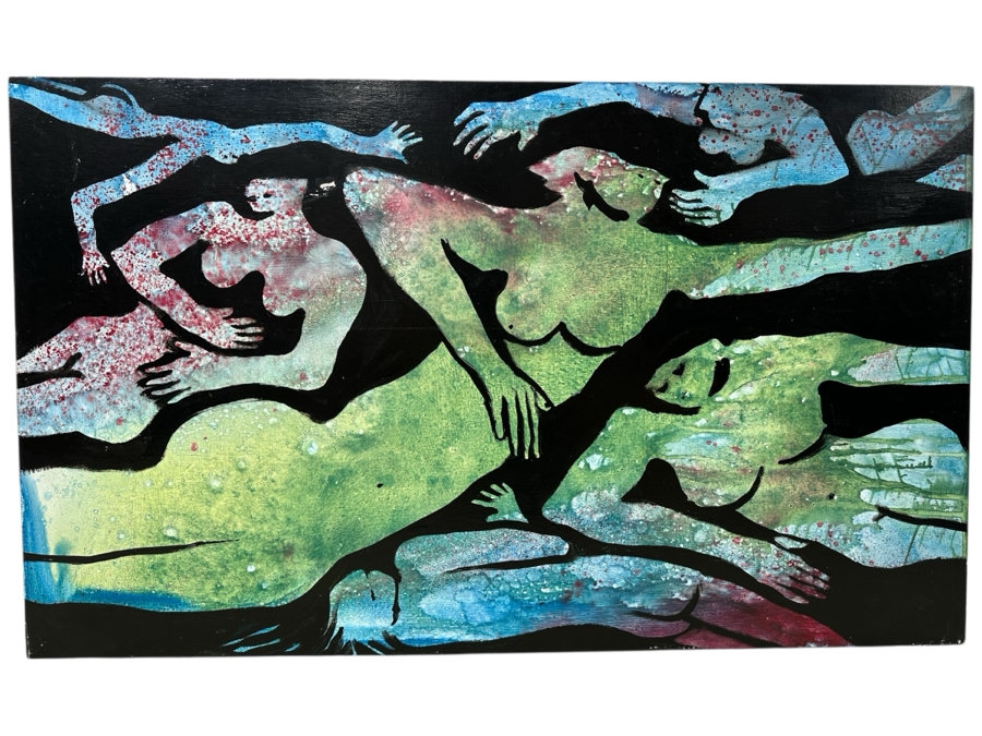 Gerrit Greve (1948-2024, Cardiff by the Sea, CA) Original Acrylic Painting On Board Titled “The Mermaids” Unsigned 60” X 36” Estimate $2,200 - $2,700