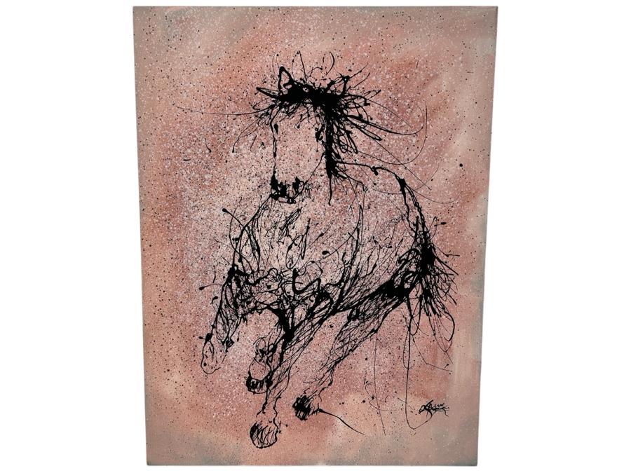 Gerrit Greve (1948-2024, Cardiff by the Sea, CA) Original Acrylic Drip Painting On Canvas Titled “Approaching Power #2 Black Horse” Signed Bottom Right and Verso 36” X 48” Estimate $1,700 - $2,200