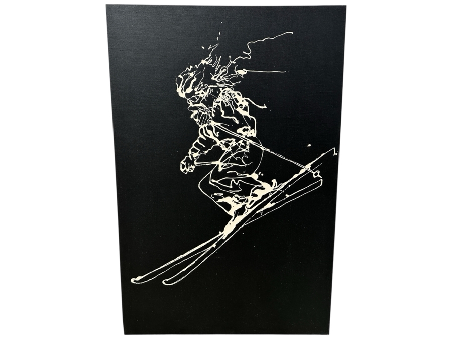 Gerrit Greve (1948-2024, Cardiff by the Sea, CA) Original Acrylic Drip Painting On Canvas Untitled Skier Unsigned 24” X 36” Estimate $900 - $1,100