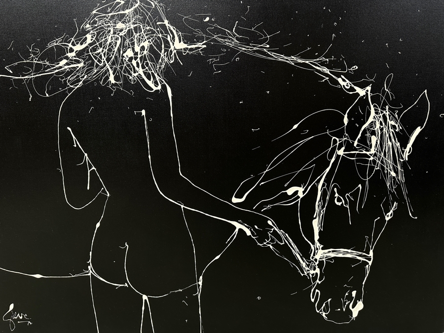 Gerrit Greve (1948-2024, Cardiff by the Sea, CA) Original Acrylic Drip Painting On Canvas Untitled White Horse and Rider Signed Bottom Left 48” X 36” Estimate $1,700 - $2,200 [Photo 4]