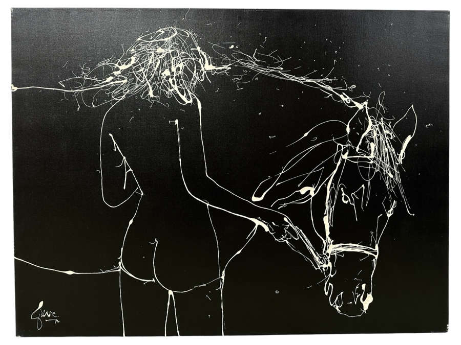 Gerrit Greve (1948-2024, Cardiff by the Sea, CA) Original Acrylic Drip Painting On Canvas Untitled White Horse and Rider Signed Bottom Left 48” X 36” Estimate $1,700 - $2,200