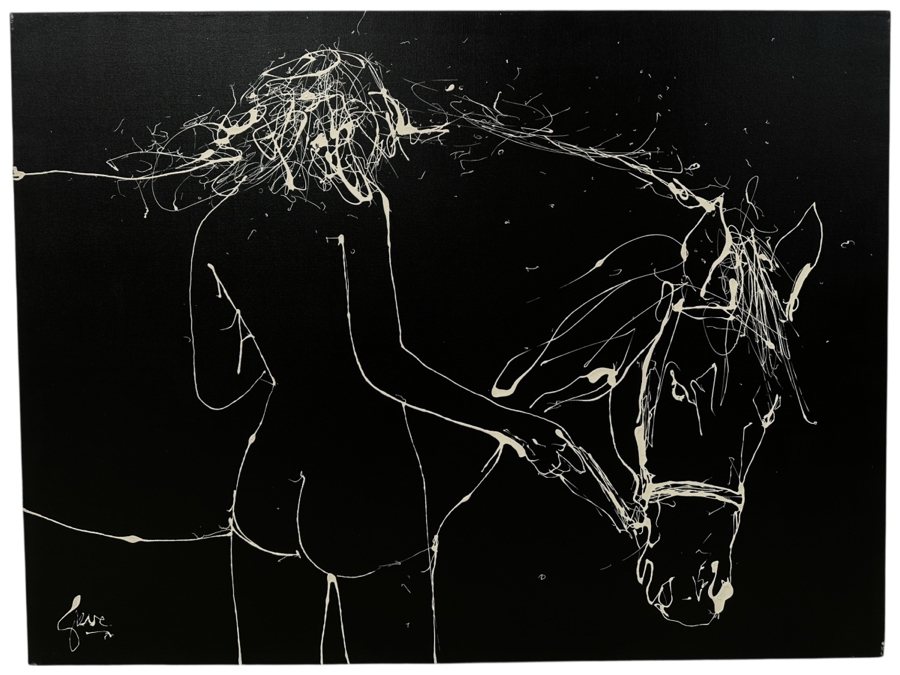 Gerrit Greve (1948-2024, Cardiff by the Sea, CA) Original Acrylic Drip Painting On Canvas Untitled White Horse and Rider Signed Bottom Left 48” X 36” Estimate $1,700 - $2,200 [Photo 2]