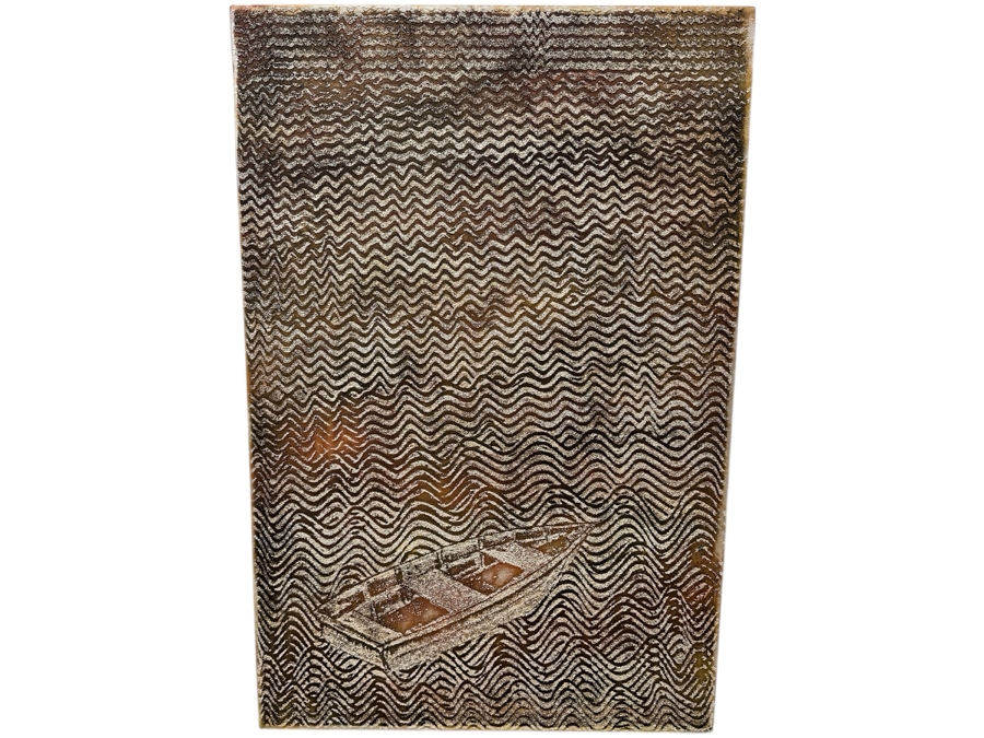 Gerrit Greve (1948-2024, Cardiff by the Sea, CA) Original Acrylic Mixed-Media Sand Painting On Canvas Titled 'Boat For Meditation 04' Signed Verso Dated 2005 24' X 36' Estimate $900 - $1,100