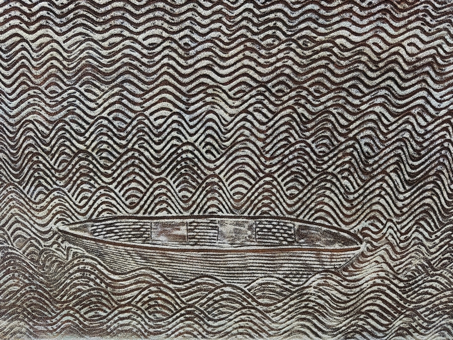 Gerrit Greve (1948-2024, Cardiff by the Sea, CA) Original Acrylic Mixed-Media Sand Painting On Canvas Titled 'Bronze Boat III' Signed Verso Dated 2005 36' X 40' Estimate $1,400 - $1,800 [Photo 2]