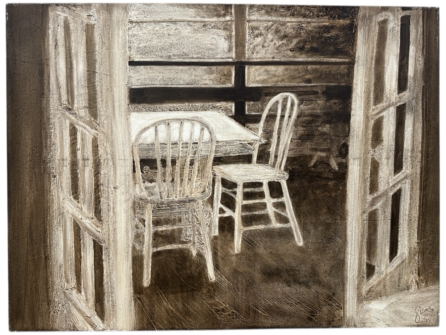 Gerrit Greve (1948-2024, Cardiff by the Sea, CA) Original Acrylic Painting On Canvas Titled 'Through The French Door' Signed Lower Right And Verso Dated 1994 48' X 36' Estimate $1,700 - $2,200