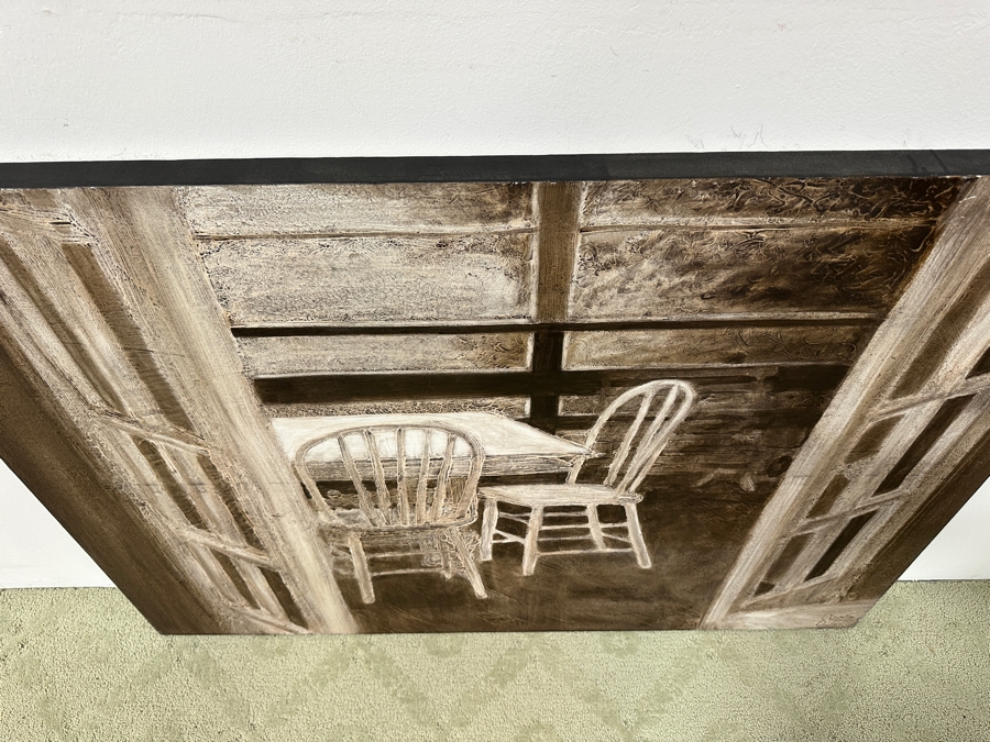 Gerrit Greve (1948-2024, Cardiff by the Sea, CA) Original Acrylic Painting On Canvas Titled 'Through The French Door' Signed Lower Right And Verso Dated 1994 48' X 36' Estimate $1,700 - $2,200 [Photo 4]