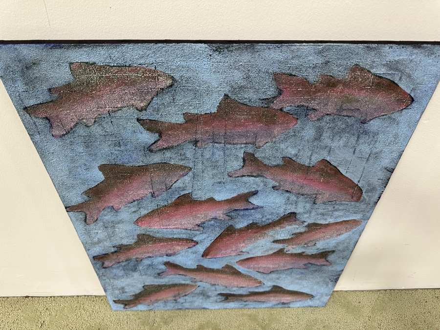Gerrit Greve (1948-2024, Cardiff by the Sea, CA) Original Acrylic Mixed-Media Sand Painting On Canvas Titled 'Fish Dreams #3' Signed Verso Dated 1999 24' X 30' Estimate $700 - $900 [Photo 5]