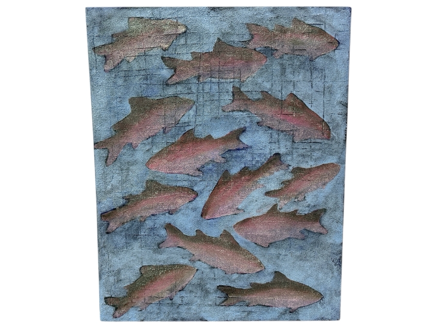 Gerrit Greve (1948-2024, Cardiff by the Sea, CA) Original Acrylic Mixed-Media Sand Painting On Canvas Titled 'Fish Dreams #3' Signed Verso Dated 1999 24' X 30' Estimate $700 - $900