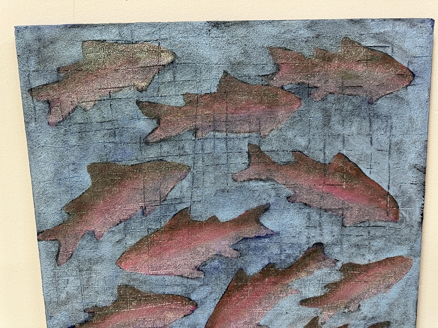 Gerrit Greve (1948-2024, Cardiff by the Sea, CA) Original Acrylic Mixed-Media Sand Painting On Canvas Titled 'Fish Dreams #3' Signed Verso Dated 1999 24' X 30' Estimate $700 - $900 [Photo 2]