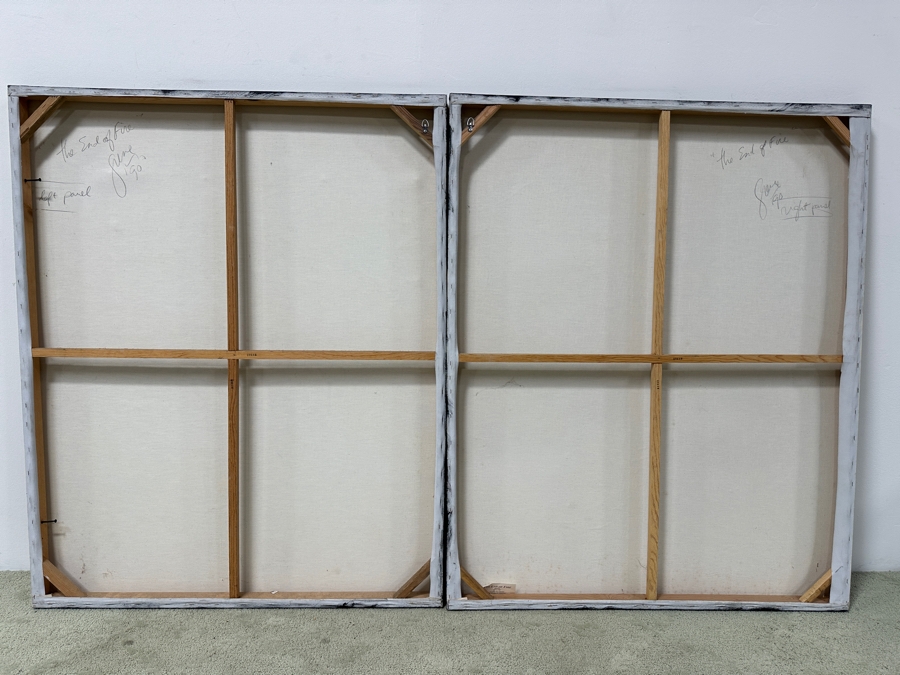 Gerrit Greve (1948-2024, Cardiff by the Sea, CA) Original Acrylic Diptych Painting On Canvas Titled 'The End Of Fire' Signed Bottom Right And Verso Dated 1990 48' X 78' Estimate $3,700 - $4,700 [Photo 7]