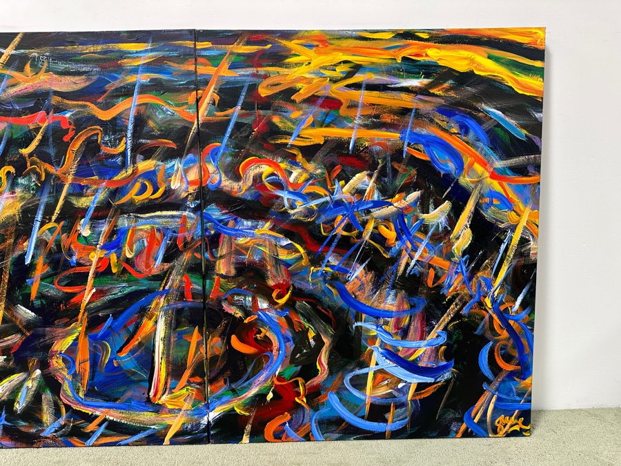 Gerrit Greve (1948-2024, Cardiff by the Sea, CA) Original Acrylic Diptych Painting On Canvas Titled 'The End Of Fire' Signed Bottom Right And Verso Dated 1990 48' X 78' Estimate $3,700 - $4,700 [Photo 2]